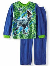 Boys Jurassic Park Dinosaur Raptor Blue Brushed Flannel Pajama Set, Size... - $204.22 MXN