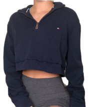 VTG Y2K Tommy Jeans Crop Sweater Top Quarter Zip Navy Blue Size M - £20.55 GBP