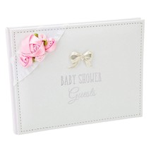 Beautiful Baby Shower Guest Book With Pink Faux-Silk Roses And Silver Metal Doub - £43.95 GBP