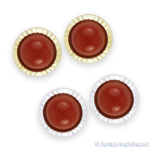 Red Coral Cabochon on Ribbed Halo Studs 14kt 14k Yellow White Gold Stud Earrings - £45.83 GBP