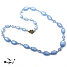 Vintage Blue Oval Bead Necklace w Faceted Blue Crystal Beads - 22&quot; long-... - £15.84 GBP