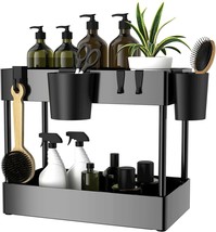 Black Under Sink Organizer Storage 2 Tier Bathroom Kitchen w 6 Hooks 2 Cups NEW - £26.13 GBP