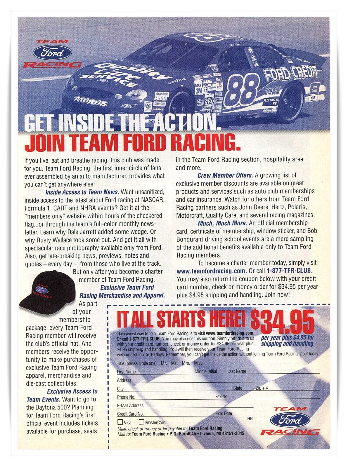 Team Ford Racing Club Charter Membership Vintage 1999 Print Magazine Ad - $9.70