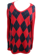 Tommy Hilfiger Sweater Women&#39;s Red Argyle Long Sleeve V-Neck Pullover Co... - £15.03 GBP
