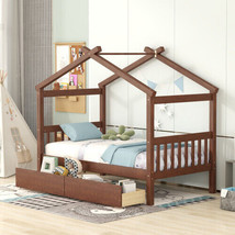 Twin Size Wooden House Bed with Drawers, Walnut - £176.07 GBP