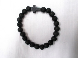 Black Round Lava Beads &amp; Howlite Cross Beaded Stretch Bracelet Unisex 6 - 7&quot; - £3.98 GBP