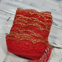Vintage Lace Trim Red Floral Gold Edging Finishing Embellishment Sewing  - $11.88