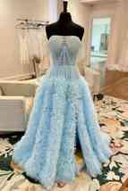 Strapless Light Blue Ruffle Tulle A-Line Prom Dress with Sheer Mesh - £220.67 GBP