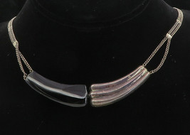 925 Sterling Silver - Vintage Black Onyx Fluted Dark Tone Chain Necklace- NE1702 - £79.99 GBP