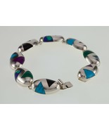 Vintage Mexico Sterling Silver Multi-Color Inlay Pie Cut Stone Bracelet ... - $363.47