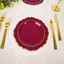 10 Burgundy 8&quot;&quot; Round Plastic Dinner Plates Gold Scalloped Rim Events Wedding - £11.01 GBP