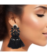Tassel Black Crystal Medium Earrings for Women - $800.54 MXN