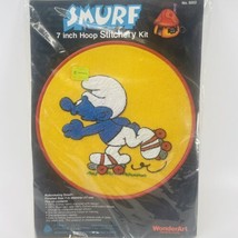 Rollerskating Smurf Crewel Embroidery Kit 7&quot; Hoop Stitchery WonderArt Vi... - £17.91 GBP
