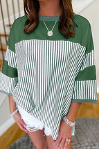 Mist Green Striped Patchwork 3/4 Sleeve Oversize Top - $28.99