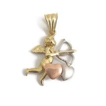 Cupid Cherub Bow Arrow Hearts Necklace Pendant 14K Yellow Rose Gold, 4.36 Gr - £320.72 GBP