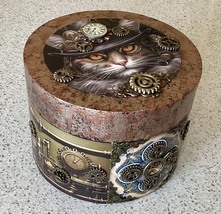 Round Wooden Trinket Box - Steampunk Cat Theme - £11.79 GBP