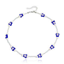 Dark Blue Acrylic &amp; Pearl Silver-Plated Butterfly Station Necklace - £10.96 GBP