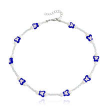 Dark Blue Acrylic &amp; Pearl Silver-Plated Butterfly Station Necklace - £11.12 GBP