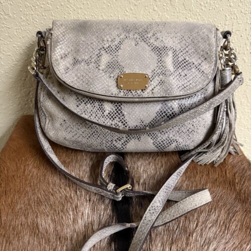 MICHAEL KORS Suede Snake Skin Python Embossed Saddle Bag Gold Hardware T... - $78.91