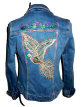 Free People Women&#39;s Small Painted Denim Jacket Embellished Peacock Metallic - £84.93 GBP