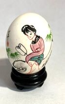 Vintage Hand Painted Egg Asian Lady w Fan Black Wooden Stand on 3 Feet - $16.71 CAD