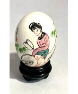 Vintage Hand Painted Egg Asian Lady w Fan Black Wooden Stand on 3 Feet - $215.76 MXN