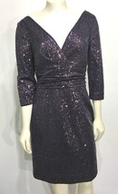 Kay Unger NY 10 Plum Purple Sequin V-Neck Cocktail Dress 3/4 Sleeves Knee-Length - £45.03 GBP