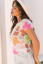 Multicolour Floral Mesh Lettuce Trim Cropped T Shirt - $93.04 MXN