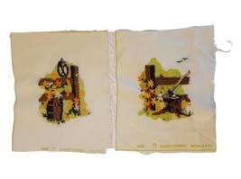 Vtg Jiffy Stitchery #268 Tree Stump &amp; #269 Rain Barrel Finished Unframed - £27.49 GBP