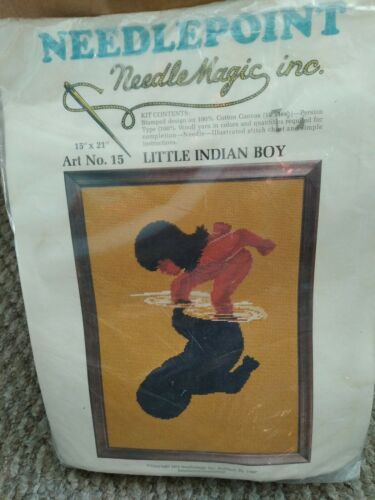 needlemagic Little Indian Boy cross stitch 15"x21" 1974 needlepoint kit - $6.88