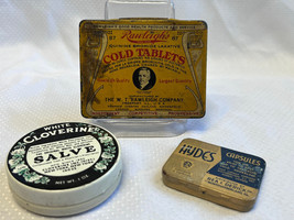 Vtg Medicinal Tin Can Lot Rawleigh&#39;s Cold Tablets White Cloverine Salve ... - $29.95