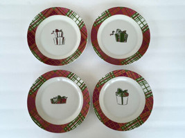PAI Set of 4 Christmas Present Dessert Salad Plates Green/Red Plaid &amp; Container - £11.14 GBP