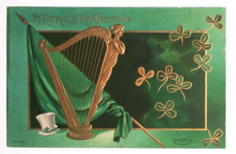 St Patricks Day Greetings Golden Harp Top Hat Shamrock Embossed Postcard 1908 - $9.99