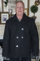 PBX Basics Gray Pea Coat Wool Blend XL Navy Anchor Buttons Double Breasted - £54.81 GBP