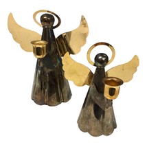 Vtg Set Of 2 Metal Angel Candle Holder Silver Gold Plated Brass 9” And 7” - £25.53 GBP