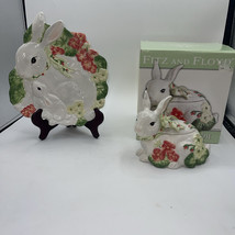 Fitz &amp; Floyd Geranium Rabbit Lidded Box 2006 Candy Dish &amp; Canapé Plate E... - $47.03