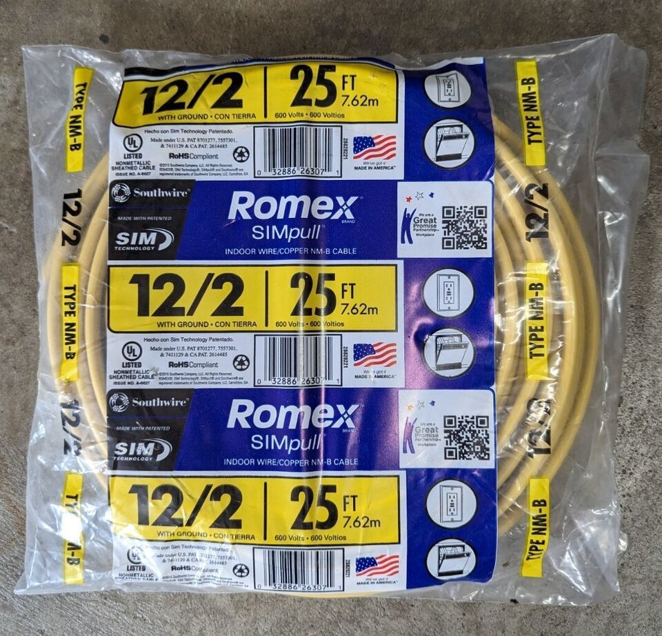 Southwire 25ft 12/2 Romex SIMpull residential indoor electrical wire - Brand New - $22.26