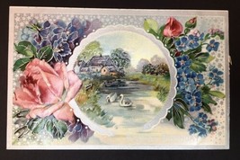 Antique Happy Birthday Greeting Card Embossed Flowers Swans Printed in Germany - £12.63 GBP