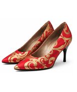 VTG 80s Charles Jourdan Paris Red Gold Brocade Stiletto Pumps 7.5 Never Worn - $196.96