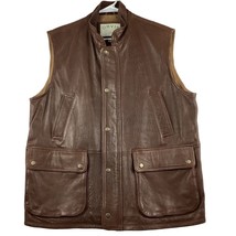 Orvis Leather Vest Mens Medium Munition Brown Cotton Lined Zip Snap Flap Pockets - £118.24 GBP