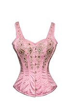 Pink Satin Silver Sequins Shoulder Straps Burlesque Corset Overbust Bustier Top - £52.11 GBP