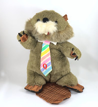 Cuddle Wit Plush Beaver Light Toupe Colorful Tie With Q 13" Tall Taiwan Rare - $19.99