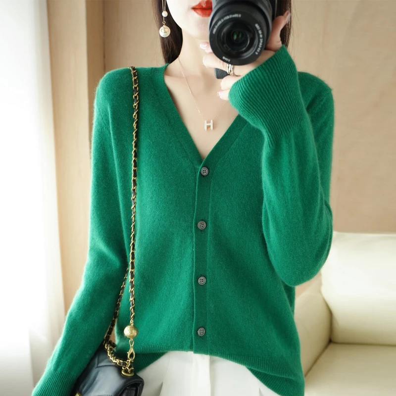 Snaoutofit Spring Autumn New V-Neck  Cardigan Women Loose Thin  Solid Color Basi - £94.54 GBP