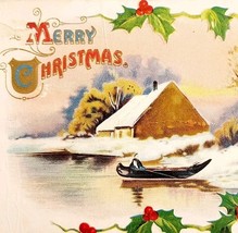 1900s Greeting Card Postcard Merry Christmas Winter Scene Cabin Embossed... - $19.99