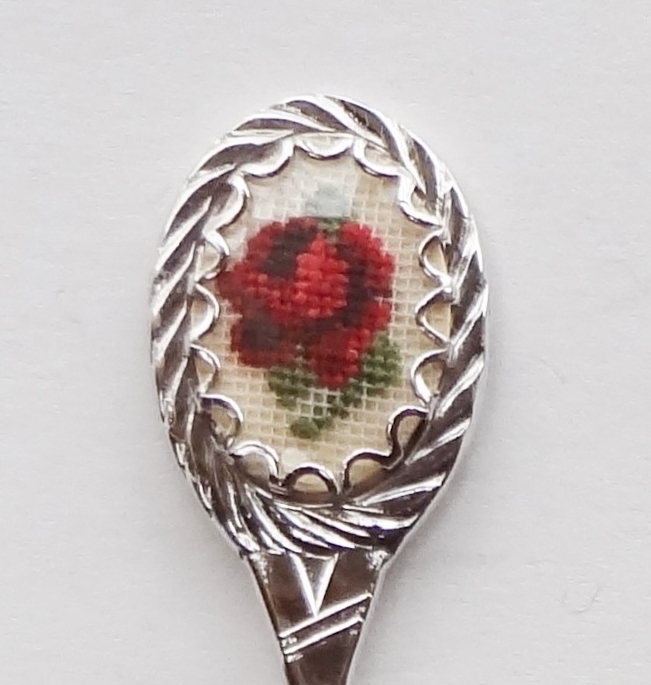 Collector Souvenir Spoon Merry Christmas Petit Point Red Rose Emblem - $6.99