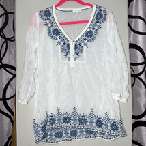 JJill white shear blouse with blue embroidery on front and back. Size S - £15.61 GBP