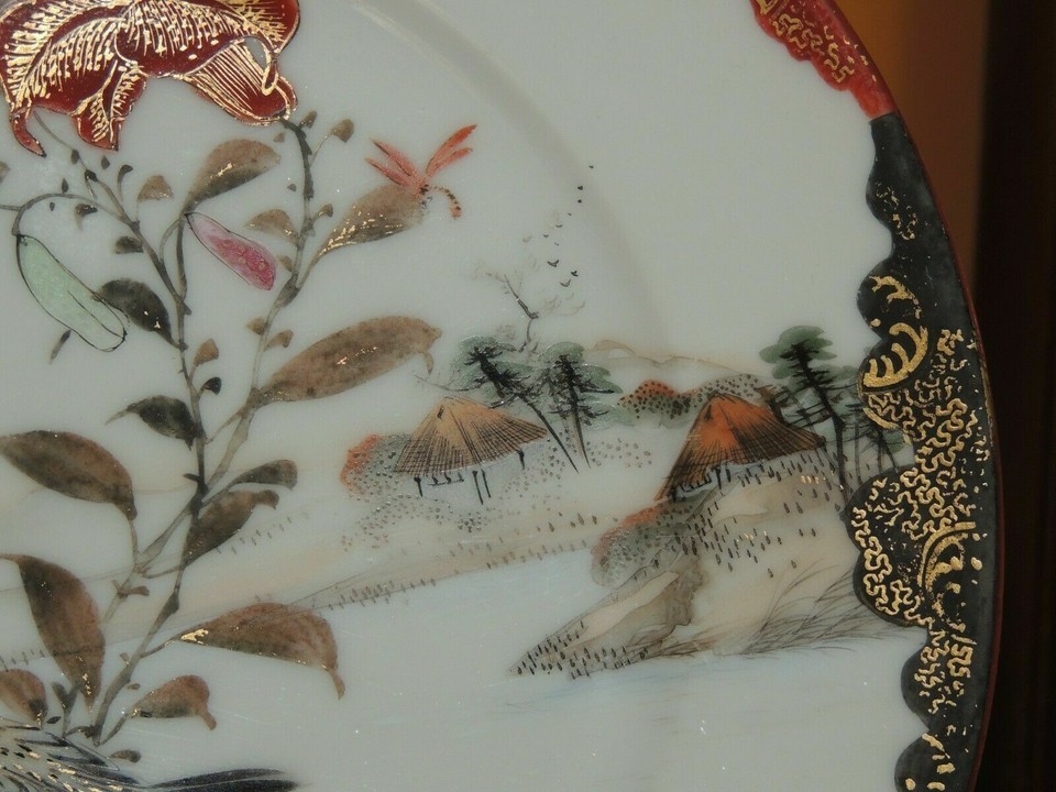 Seto Porcelain Plate 8.25" Bird Lily Lilies flower Japanese 19th Meiji Antique Item image 4
