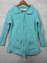 Aran Crafts Womens Sweater M Teal Cable Knit 100% Merino Wool Cardigan - $650.38 MXN