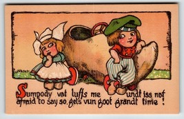 Dutch Boy Girl Postcard Comic Wooden Cart Shoe On Wheels TP &amp; Co. Unused Humor - £5.41 GBP
