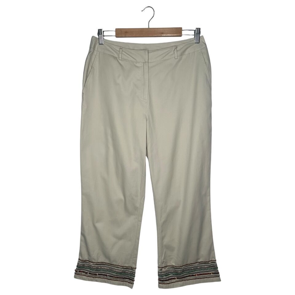 VTG Casual Corner Capri Pants Womens 10 Beaded Wide Leg Dead Stock Boho Tan - $24.74